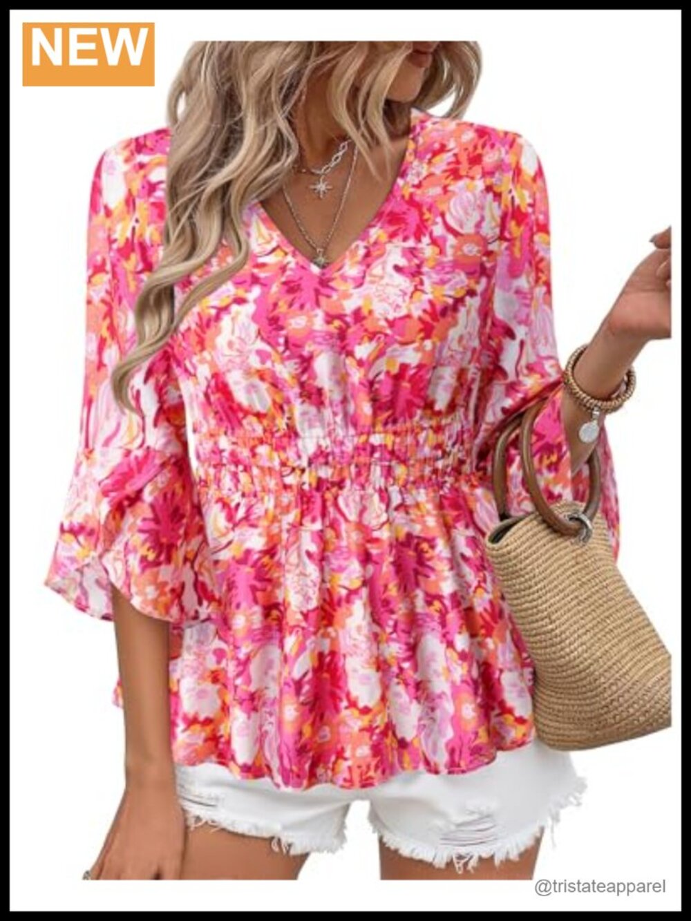 Women's 3/4 Sleeve V-Neck Floral Blouse with Elastic Waist Casual Shirt
